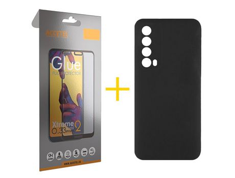 Pack 1 X Protector de Vidrio Templado Full + Funda ACCETEL para Huawei P Smart 2021 Silicona Líquida Negro
