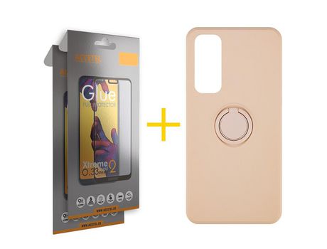 Pack 2 X Protector de Vidrio Templado Full + Funda ACCETEL para Huawei P Smart 2021 Gel O-Ring Rosa Pastel