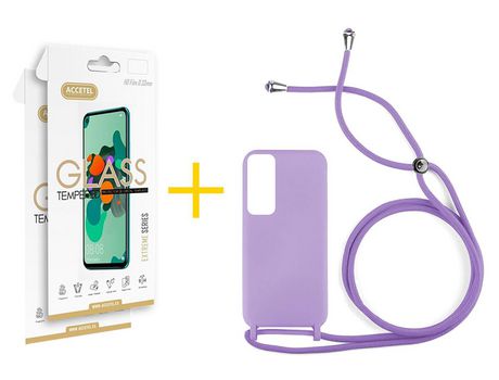 Pack 2 X Protector de Vidrio Templado 2.5D + Funda ACCETEL para Huawei P Smart 2021 Gel con Cordón Violeta