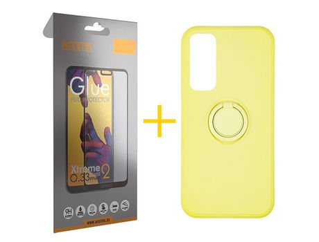 Pack 1 X Protector de Vidrio Templado Full + Funda ACCETEL para Huawei P Smart 2021 Gel O-Ring Amarillo