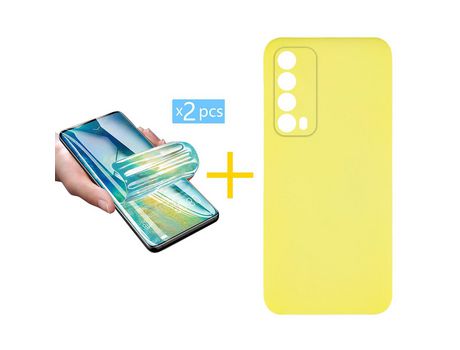 Pack 2 X Protector de Vidrio Templado Hidrogel + Funda ACCETEL para Huawei P Smart 2021 Silicona Líquida Amarillo