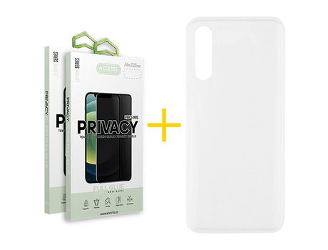 Pack 2 X Protector de Vidrio Templado Anti espía + Funda ACCETEL para Samsung Galaxy A70 Silicona Liso Transparente Clear