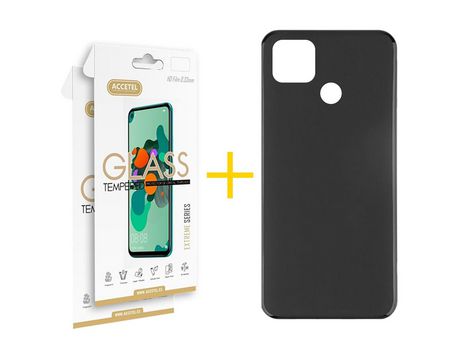 Pack 2 X Protector de Vidrio Templado 2.5D + Funda ACCETEL para Xiaomi Redmi 9C NFC Silicona Liso Negro