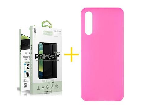 Pack 1 X Protector de Vidrio Templado Anti espía + Funda ACCETEL para Samsung Galaxy A70 Silicona Liso Rosa