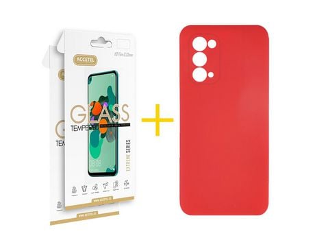 Pack 2 X Protector de Vidrio Templado 2.5D + Funda ACCETEL para Oppo A74 5G Silicona Líquida Rojo