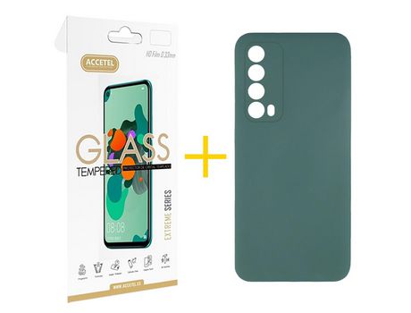 Pack 1 X Protector de Vidrio Templado 2.5D + Funda ACCETEL para Huawei P Smart 2021 Silicona Líquida Verde