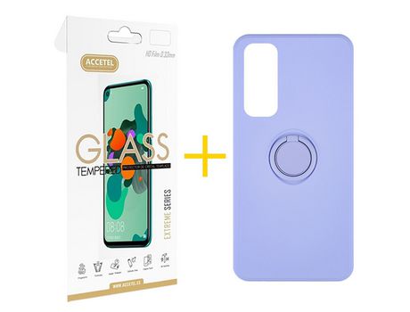 Pack 1 X Protector de Vidrio Templado 2.5D + Funda ACCETEL para Huawei P Smart 2021 Gel O-Ring Morado