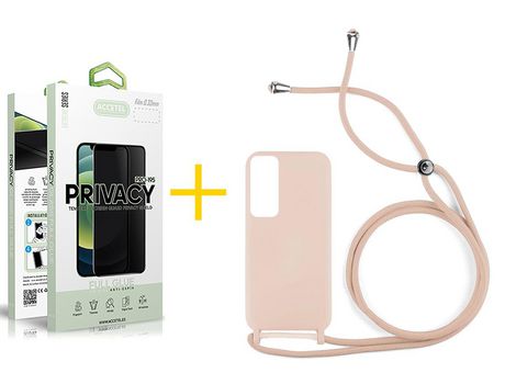 Pack 1 X Protector de Vidrio Templado Anti espía + Funda ACCETEL para Huawei P Smart 2021 Gel con Cordón Rosa Pastel
