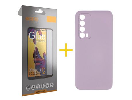 Pack 1 X Protector de Vidrio Templado Full + Funda ACCETEL para Huawei P Smart 2021 Silicona Líquida Morado