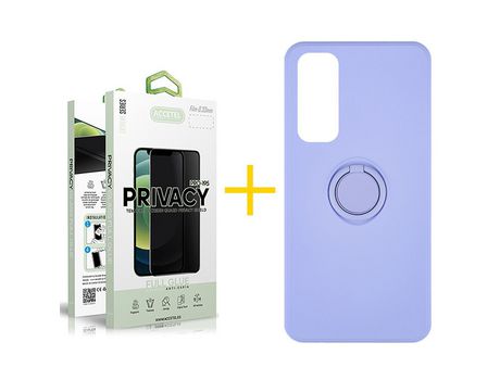 Pack 1 X Protector de Vidrio Templado Anti espía + Funda ACCETEL para Huawei P Smart 2021 Gel O-Ring Morado