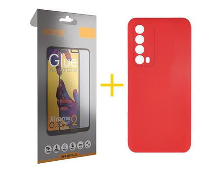 Pack 1 X Protector de Vidrio Templado Full + Funda ACCETEL para Huawei P Smart 2021 Silicona Líquida Rojo