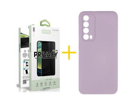 Pack 1 X Protector de Vidrio Templado Anti espía + Funda ACCETEL para Huawei P Smart 2021 Silicona Líquida Morado