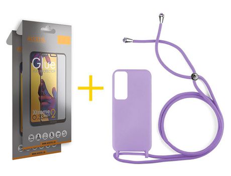 Pack 2 X Protector de Vidrio Templado Full + Funda ACCETEL para Huawei P Smart 2021 Gel con Cordón Violeta