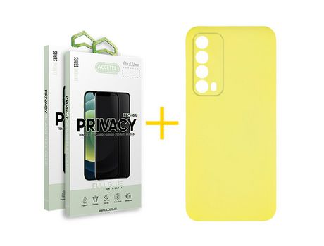 Pack 2 X Protector de Vidrio Templado Anti espía + Funda ACCETEL para Huawei P Smart 2021 Silicona Líquida Amarillo