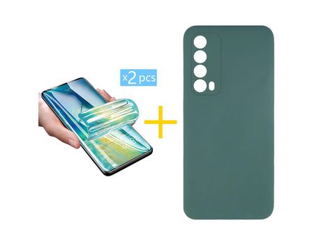 Pack 2 X Protector de Vidrio Templado Hidrogel + Funda ACCETEL para Huawei P Smart 2021 Silicona Líquida Verde