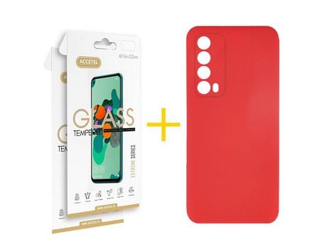 Pack 2 X Protector de Vidrio Templado 2.5D + Funda ACCETEL para Huawei P Smart 2021 Silicona Líquida Rojo