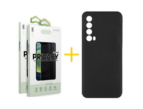 Pack 2 Películas Antiespia + Funda SKYHE por Huawei P Smart 2021 Silicona Líquida Negro