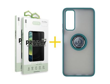 Pack 2 X Protector de Vidrio Templado Anti espía + Funda ACCETEL para Huawei P Smart 2021 Gel Bumper con Anillo Verde