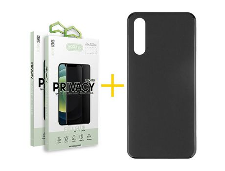 Pack 2 X Protector de Vidrio Templado Anti espía + Funda ACCETEL para Samsung Galaxy A70s Silicona Liso Negro