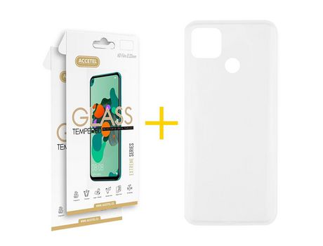 Pack 2 X Protector de Vidrio Templado 2.5D + Funda ACCETEL para Xiaomi Redmi 9C NFC Silicona Liso Transparente Clear