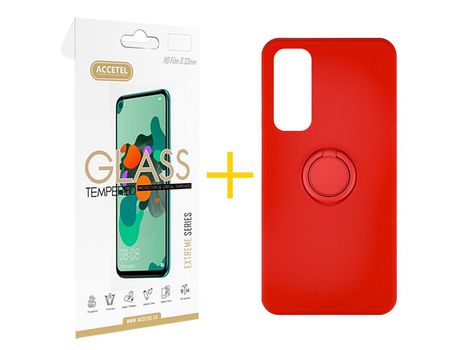 Pack 1 X Protector de Vidrio Templado 2.5D + Funda ACCETEL para Huawei P Smart 2021 Gel O-Ring Rojo