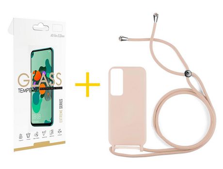 Pack 1 Película 2.5D + Funda SKYHE por Huawei P Smart 2021 Gel con Cordón Rosa Pastel