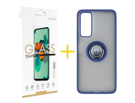 Pack 1 Película 2.5D + Funda SKYHE por Huawei P Smart 2021 Gel Bumper con Anillo Azul