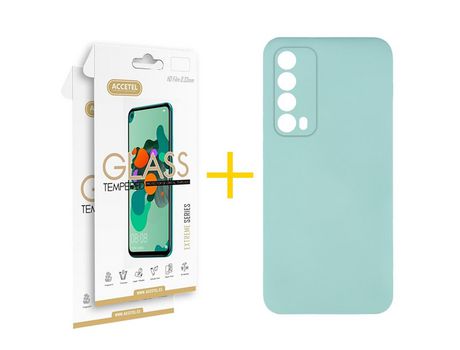 Pack 2 X Protector de Vidrio Templado 2.5D + Funda ACCETEL para Huawei P Smart 2021 Silicona Líquida Verde-Agua