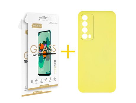 Pack 2 X Protector de Vidrio Templado 2.5D + Funda ACCETEL para Huawei P Smart 2021 Silicona Líquida Amarillo