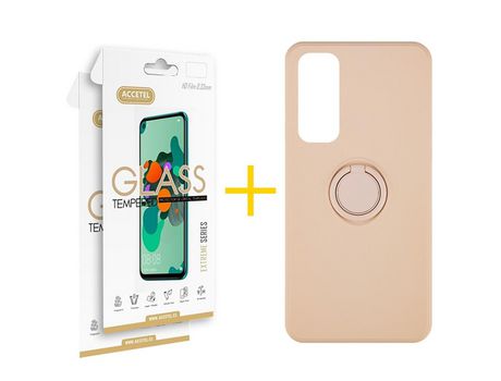 Pack 2 X Protector de Vidrio Templado 2.5D + Funda ACCETEL para Huawei P Smart 2021 Gel O-Ring Rosa Pastel