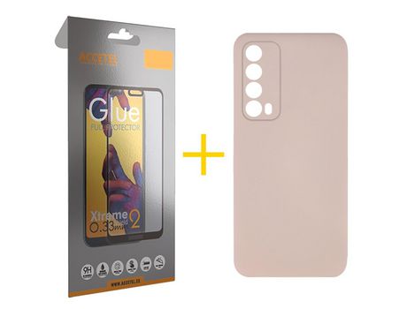 Pack 1 X Protector de Vidrio Templado Full + Funda ACCETEL para Huawei P Smart 2021 Silicona Líquida Rosa