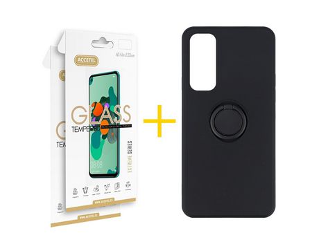 Pack 2 X Protector de Vidrio Templado 2.5D + Funda ACCETEL para Huawei P Smart 2021 Gel O-Ring Negro