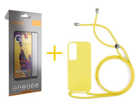Pack 1 X Protector de Vidrio Templado Full + Funda ACCETEL para Huawei P Smart 2021 Gel con Cordón Amarillo