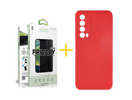 Pack 1 X Protector de Vidrio Templado Anti espía + Funda ACCETEL para Huawei P Smart 2021 Silicona Líquida Rojo