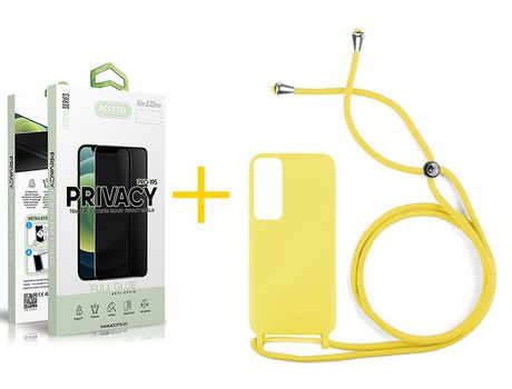 Pack 1 X Protector de Vidrio Templado Anti espía + Funda ACCETEL para Huawei P Smart 2021 Gel con Cordón Amarillo