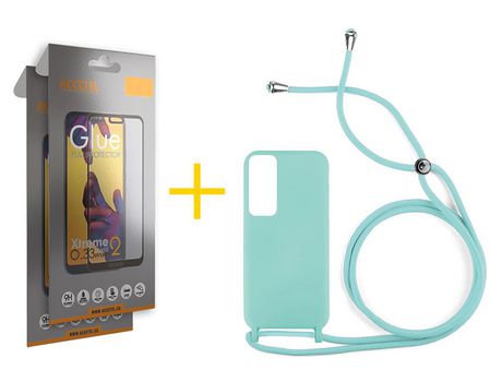 Pack 2 X Protector de Vidrio Templado Full + Funda ACCETEL para Huawei P Smart 2021 Gel con Cordón Agua Verde
