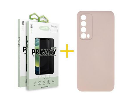 Pack 2 X Protector de Vidrio Templado Anti espía + Funda ACCETEL para Huawei P Smart 2021 Silicona Líquida Rosa