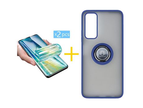 Pack 2 X Protector de Vidrio Templado Hidrogel + Funda ACCETEL para Huawei P Smart 2021 Gel Bumper con Anillo Azul