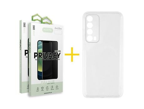 Pack 2 X Protector de Vidrio Templado Anti espía + Funda ACCETEL para Huawei P Smart 2021 Silicona Líquida Transparente Clear