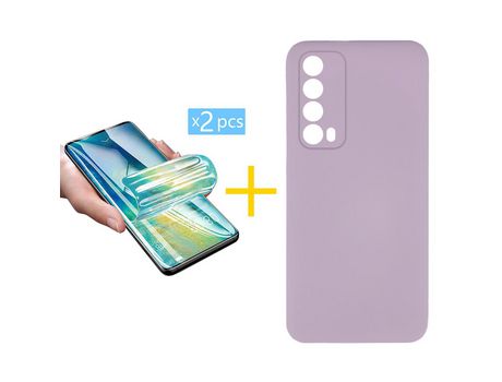 Pack 2 X Protector de Vidrio Templado Hidrogel + Funda ACCETEL para Huawei P Smart 2021 Silicona Líquida Morado