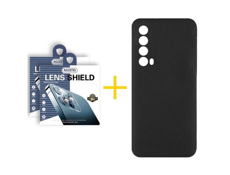 Pack 2 X Protector de Cámara trasera + Funda ACCETEL para Huawei P Smart 2021 Silicona Líquida Negro