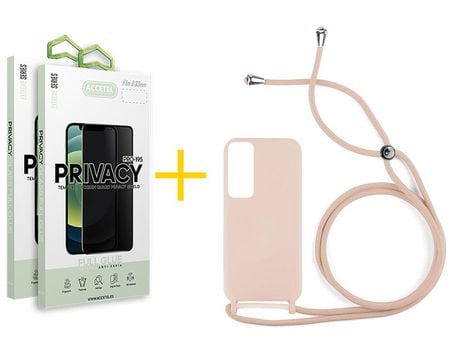 Pack 2 X Protector de Vidrio Templado Anti espía + Funda ACCETEL para Huawei P Smart 2021 Gel con Cordón Rosa Pastel