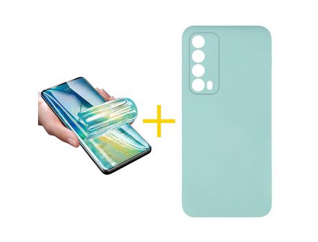 Pack 1 X Protector de Vidrio Templado Hidrogel + Funda ACCETEL para Huawei P Smart 2021 Silicona Líquida Verde-Agua