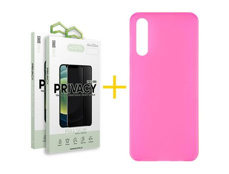Pack 2 X Protector de Vidrio Templado Anti espía + Funda ACCETEL para Samsung Galaxy A70 Silicona Liso Rosa