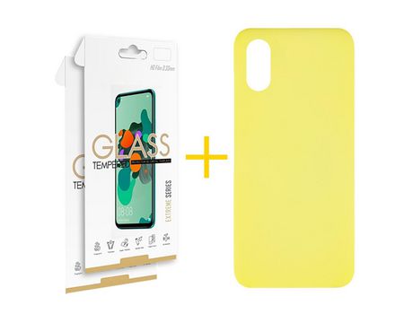 Pack 2 Películas 2.5D + Funda SKYHE por Huawei Y5 2019 Silicona Líquida Amarillo