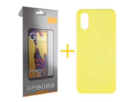 Pack 1 Película Full + Funda SKYHE por Huawei Y5 2019 Silicona Líquida Amarillo