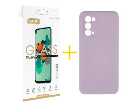 Pack 1 X Protector de Vidrio Templado 2.5D + Funda ACCETEL para Oppo A74 5G Silicona Líquida Morado