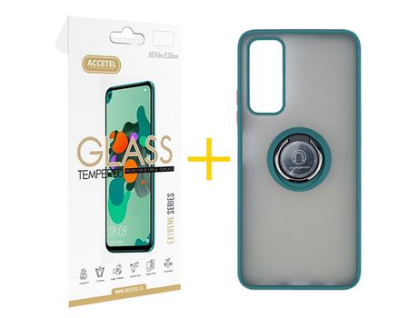 Pack 1 X Protector de Vidrio Templado 2.5D + Funda ACCETEL para Huawei P Smart 2021 Gel Bumper con Anillo Verde