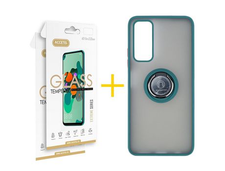 Pack 2 X Protector de Vidrio Templado 2.5D + Funda ACCETEL para Huawei P Smart 2021 Gel Bumper con Anillo Verde