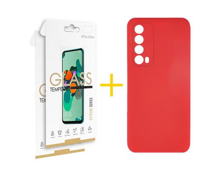 Pack 2 Películas 2.5D + Funda SKYHE por Huawei P Smart 2021 Silicona Líquida Rojo